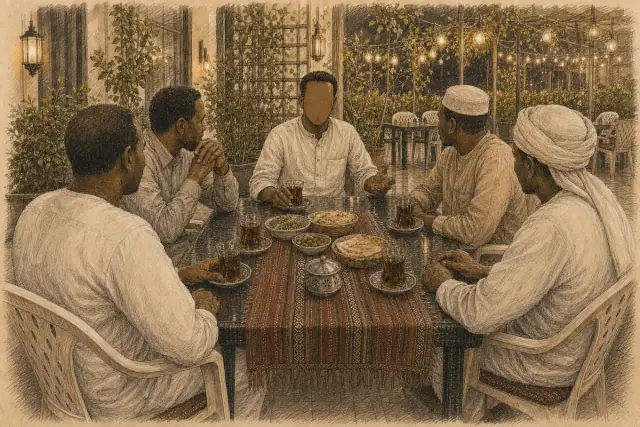 A group of Sudanese customers sitting together inside the restaurant.