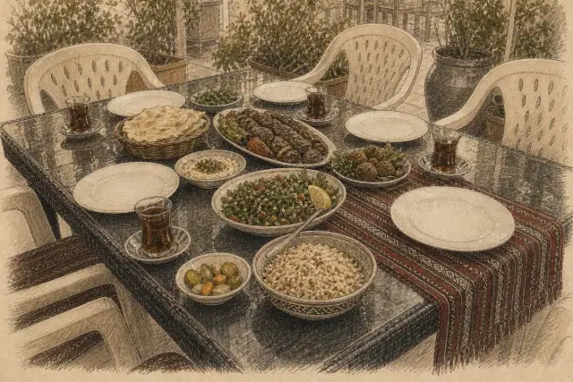 A table of Sudanese and Arabic dishes ready to serve.