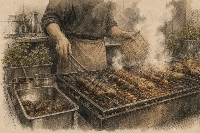 Food being prepared over fire or grill inside the restaurant.