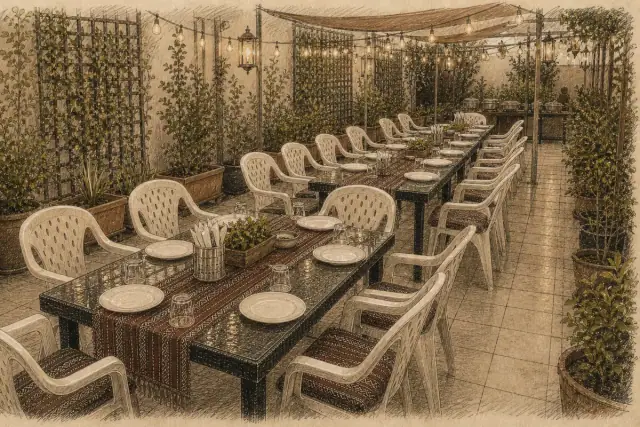 Large seating arrangement inside the restaurant for a family occasion.