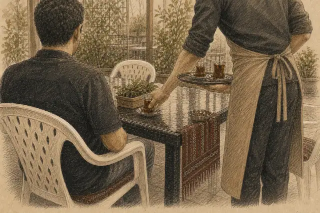 A waiter greeting a regular guest inside the restaurant.