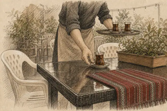 A staff member serving guests inside the restaurant.